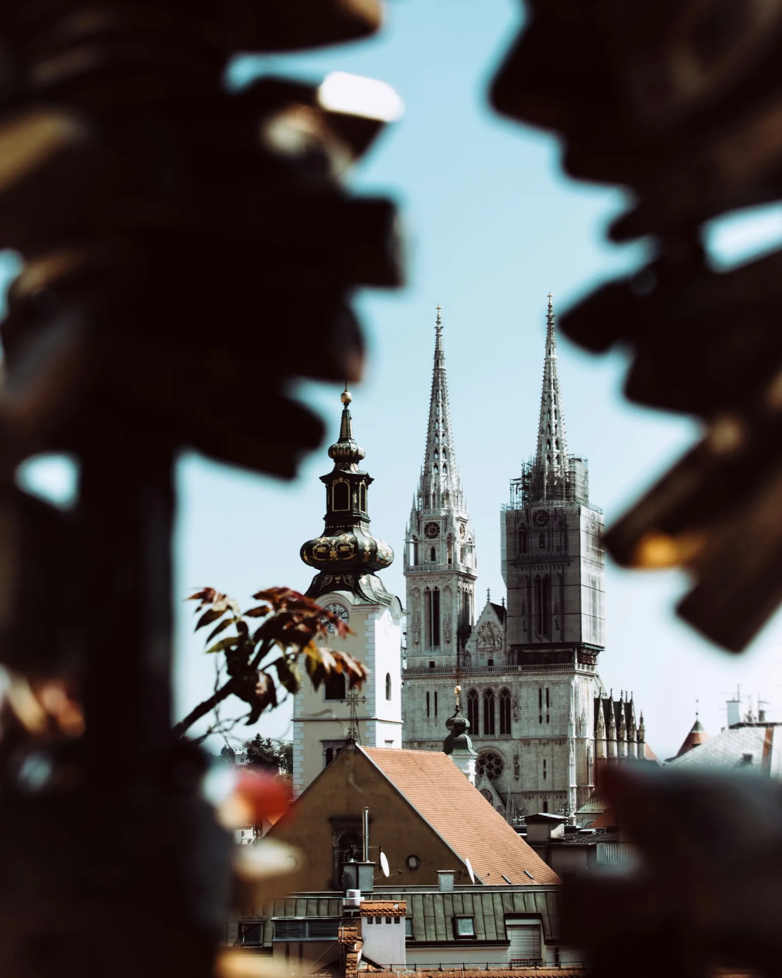 Zagreb Cathedral's spires framed by love locks in the foreground